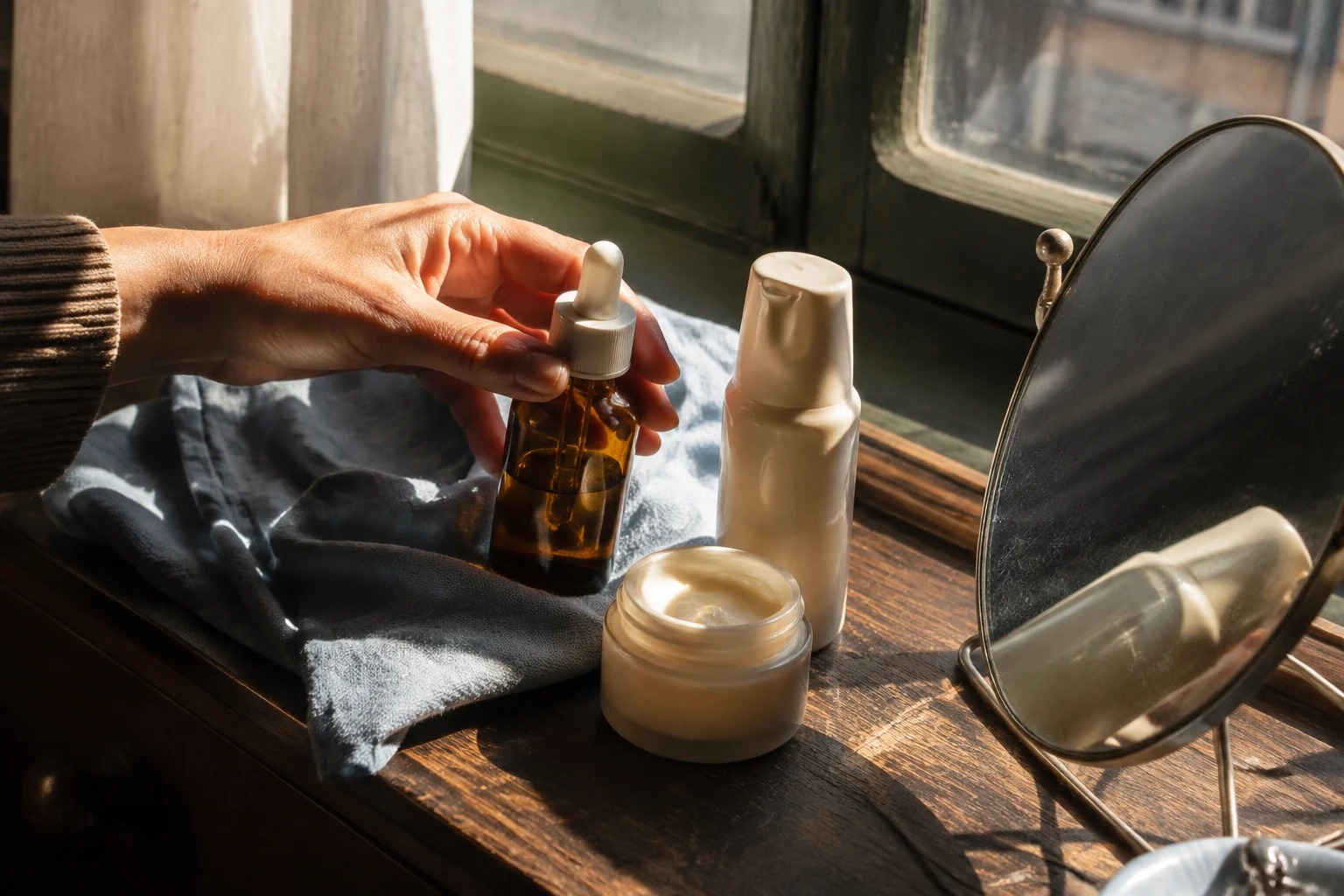 Serum og creme ved et spejl i varmt morgenlys